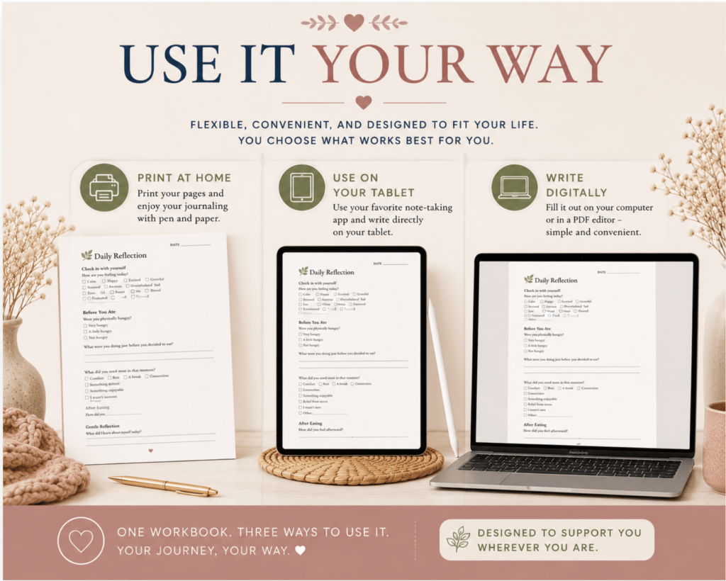 Display showing three ways to use the workbook: printed paper pages, on a tablet with a stylus, and on a laptop.