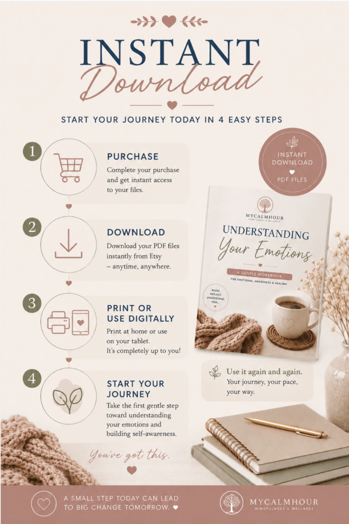 Diagram showing 4 simple steps to purchase, download, print, or digitally use the printable workbook.