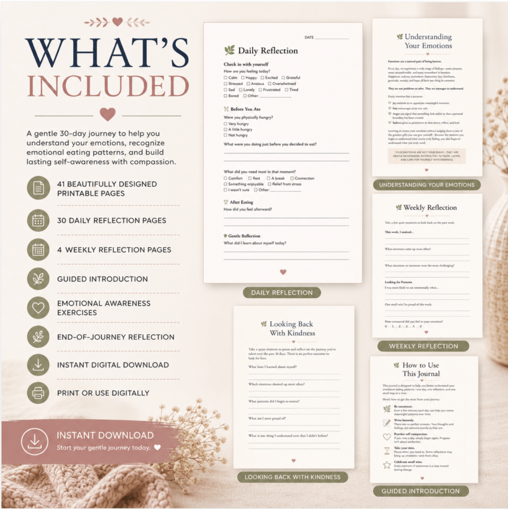 Overview graphic summarizing the 41 printable pages, daily and weekly reflection sections, and guided introduction.