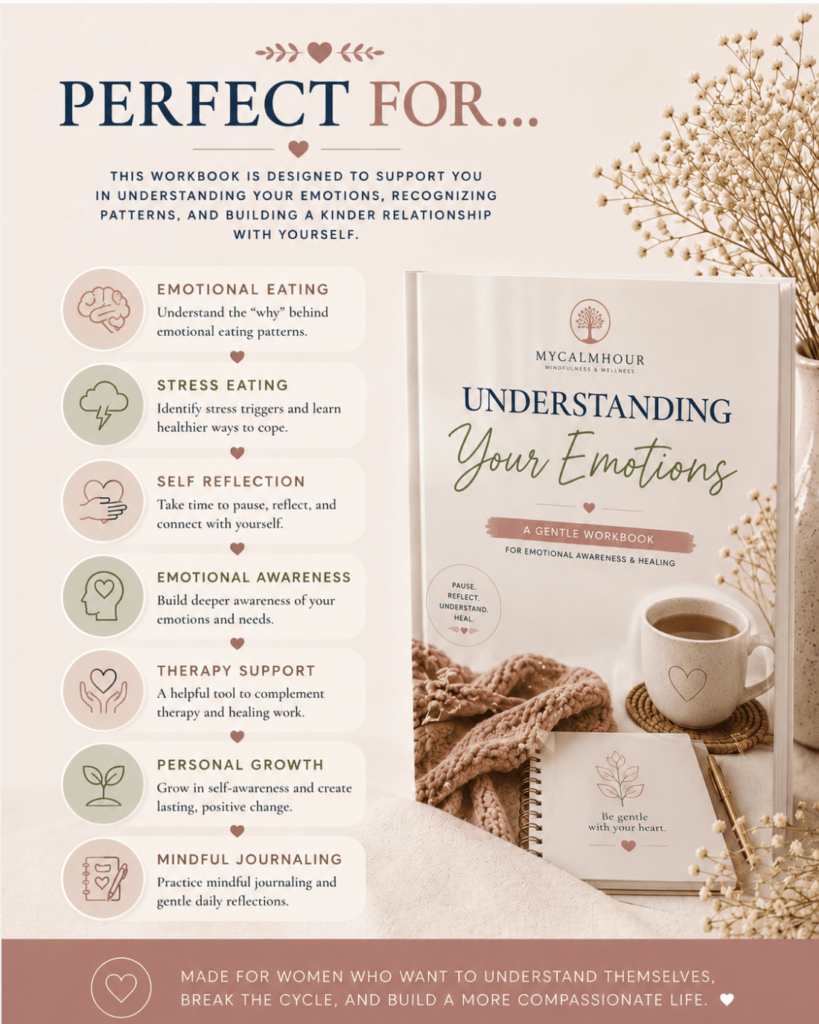Infographic detailing who the Understanding Your Emotions workbook is perfect for, including support for emotional eating, stress, and self-reflection.
