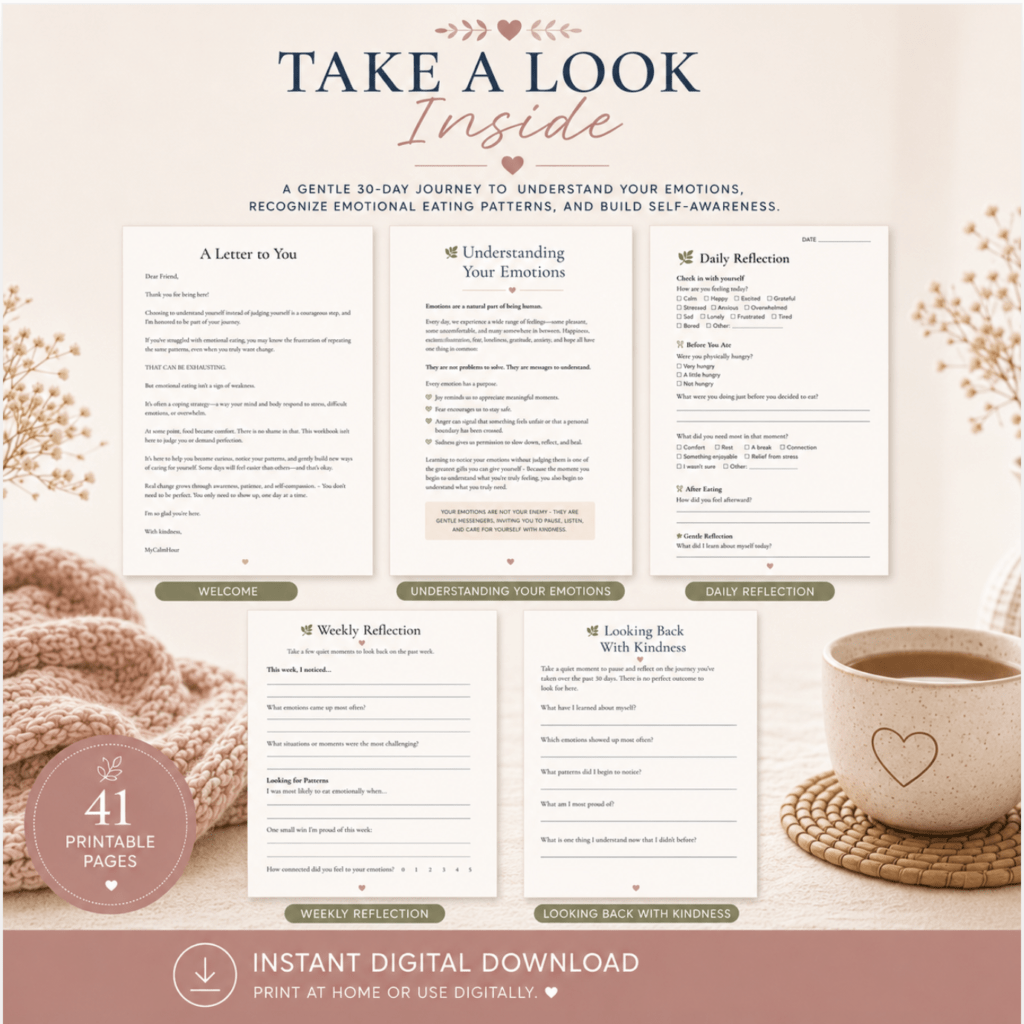 Collection of internal pages showing the welcome letter, daily reflection, weekly reflection, and kindness review sections.