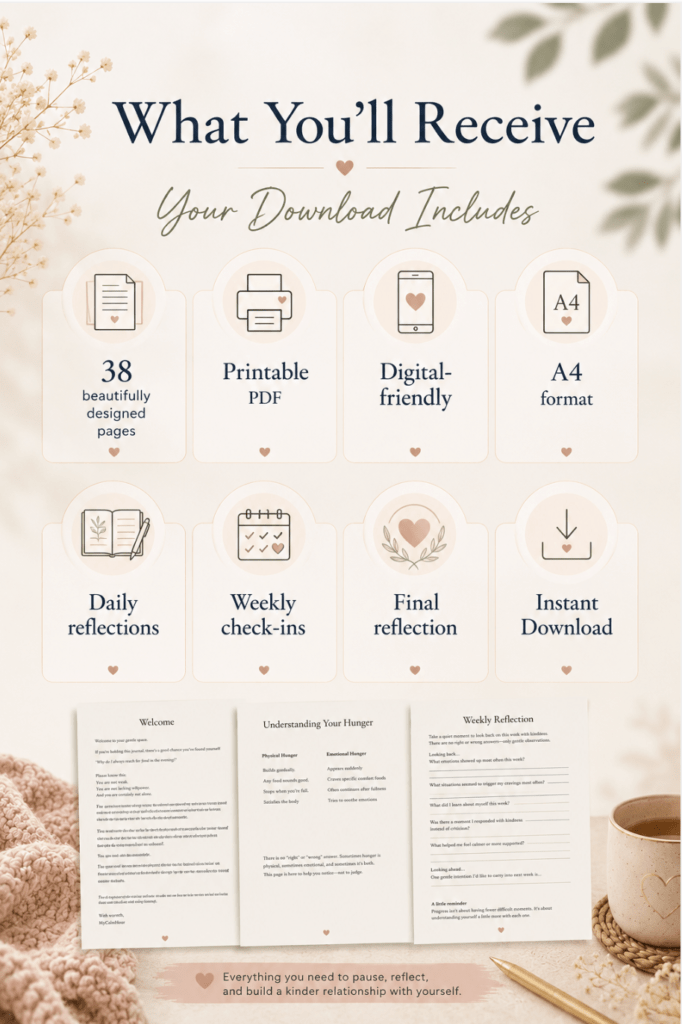 Infographic titled "What You'll Receive" outlining product details: 38 printable pages, A4 format, daily reflections, and instant download.